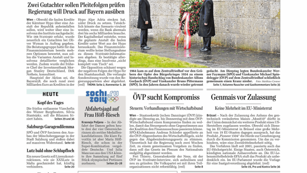 Titelseite der Zeitung „Der Standard“ vom 12. Februar 2014.