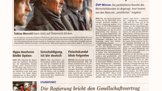 Titelseite der Salzburger Nachrichten vom 13. Februar 2014.