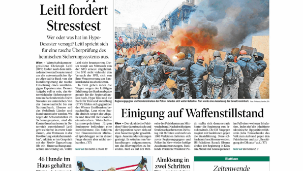 Titelseite der Tiroler Tageszeitung vom 20. Februar 2014.