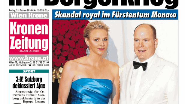 Titelseite der „Kronen Zeitung“ vom 21. Februar 2014 mit Meldungen zu Kiew und einem royalen Skandal.