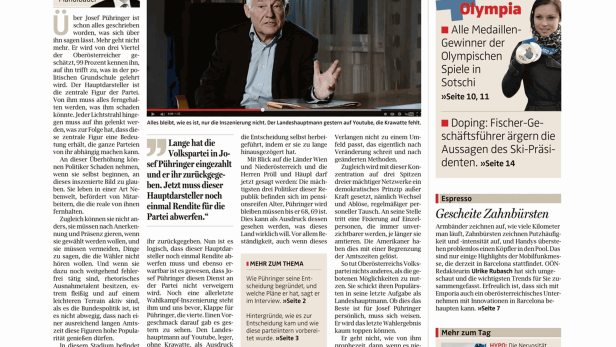 Titelseite der OÖNachrichten vom 25. Februar 2014.