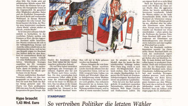 Eine Karikatur zeigt Putin, der mit einer Flasche Krim-Sekt einen Supermarkt verlässt.