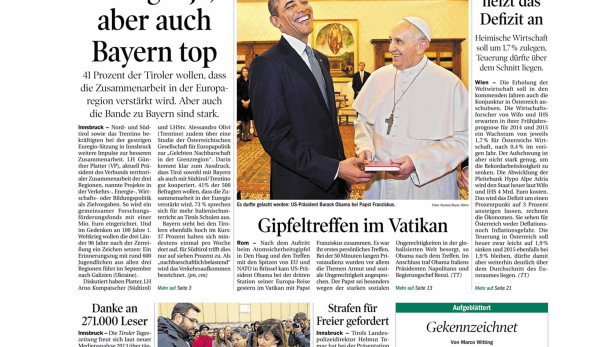 Schlagzeile vom 28.03.2014Euregio ja, aber auch Bayern topTiroler Tageszeitung