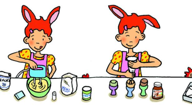 Ein Mädchen mit Hasenohren bereitet in vier Schritten Ostereier zu.