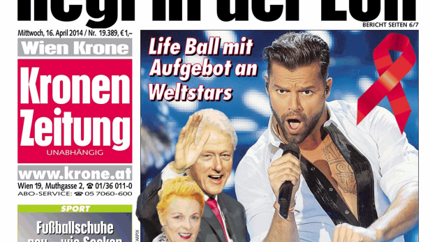 Titelseite der „Kronen Zeitung“ vom 16. April 2014 mit Bildern von Bill Clinton, Vivienne Westwood und Ricky Martin.