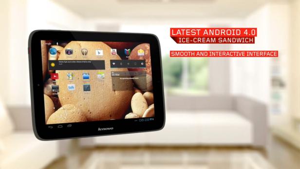 Ein Lenovo-Tablet mit Android 4.0 „Ice Cream Sandwich“ wird in einem Wohnzimmer gezeigt.