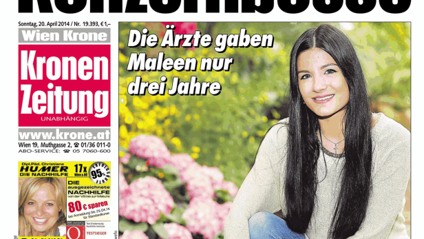 Titelseite der Kronen Zeitung vom 20. April 2014 mit dem Titel „Aufstand der Konzernbosse“ und einem Artikel über Maleen Fischer.