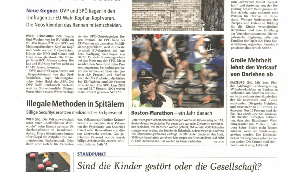Schlagzeile vom 22.04.2014Harter Kampf um Platz eins bei der EU-WahlSalzburger Nachrichten