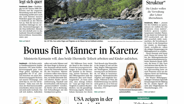 Schlagzeile vom 23.04.2014Bonus für Männer in KarenzTiroler Tageszeitung
