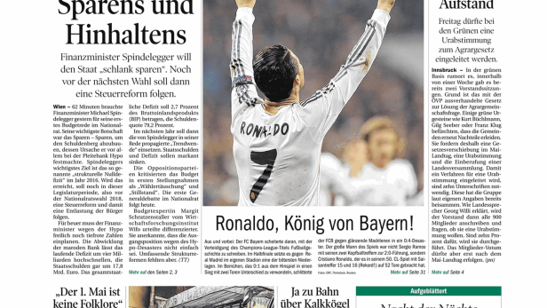 Titelseite der Tiroler Tageszeitung mit Artikeln über Finanzen, Sport und Kultur.