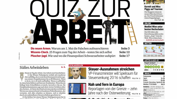 Titelseite des Kurier vom 1. Mai 2014 mit dem Titel „Das große Quiz zur Arbeit“.
