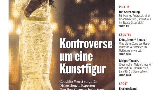 Conchita Wurst singt in einem goldenen Kleid mit Mikrofon in der Hand.