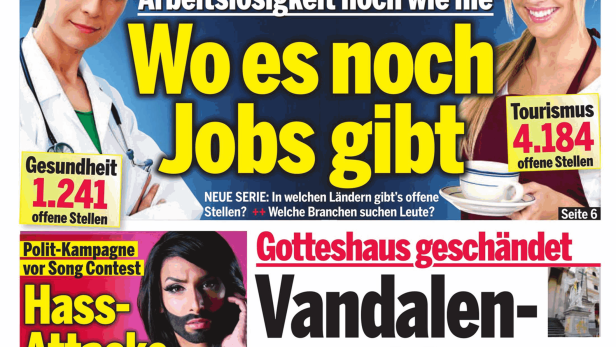 Titelseite der Zeitung „Österreich“ vom 5. Mai 2014 mit Schlagzeilen zu Arbeitslosigkeit, Conchita Wurst und einem Anschlag auf die Karlskirche.