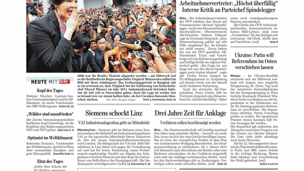 Schlagzeile vom 08.05.2014ÖVP-Front gegen baldige Steuerreform bröckeltDer Standard