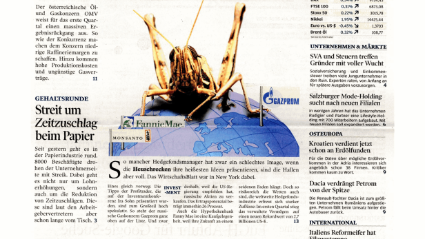 Eine Heuschrecke steht auf einer Weltkugel mit Logos von Fannie Mae, Monsanto und Gazprom.