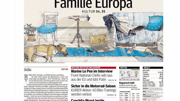 Titelseite des Kurier am Sonntag, 18. Mai 2014, mit Artikeln über Familie Europa, Marine Le Pen und Conchita Wurst.