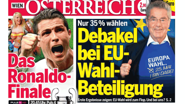 Titelseite der Zeitung „Madonna“ vom 24. Mai 2014 mit Artikeln über das Ronaldo-Finale und die EU-Wahl.