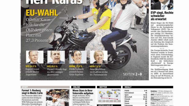 Titelseite des Kurier vom 26. Mai 2014 mit dem Titel „Der überraschende Herr Karas“ zur EU-Wahl.