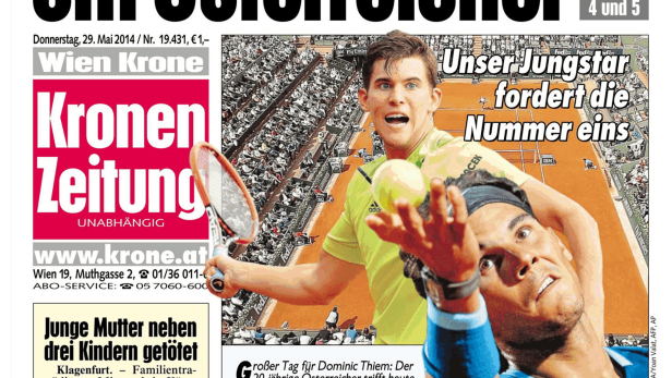 Titelseite der Kronen Zeitung mit einem Artikel über Dominic Thiem und Rafael Nadal.