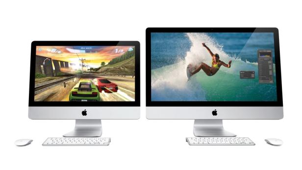 Zwei iMacs zeigen ein Rennspiel und eine Frau beim Surfen.