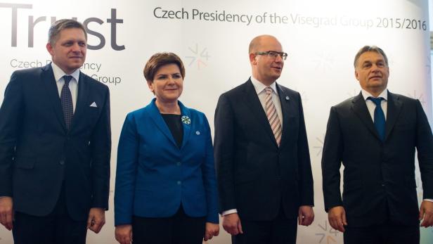 Die Visegrad-Gruppe: Robert Fico, Beata Szydlo, Bohuslav Sobotka und Viktor Orban