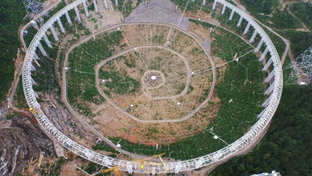 Luftaufnahme des riesigen kreisförmigen Radioteleskops FAST in China.