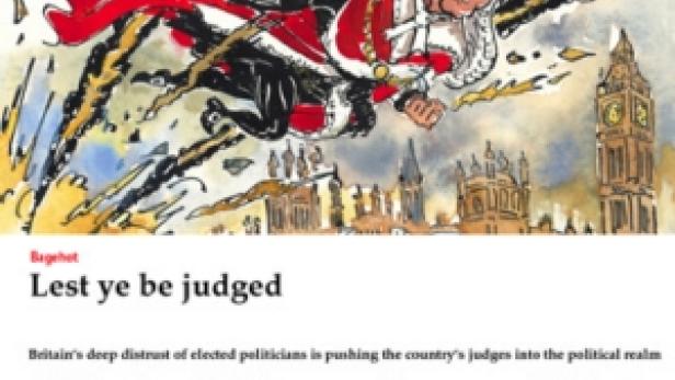 Karikatur eines Richters mit Hammer vor dem Hintergrund von Londoner Sehenswürdigkeiten.