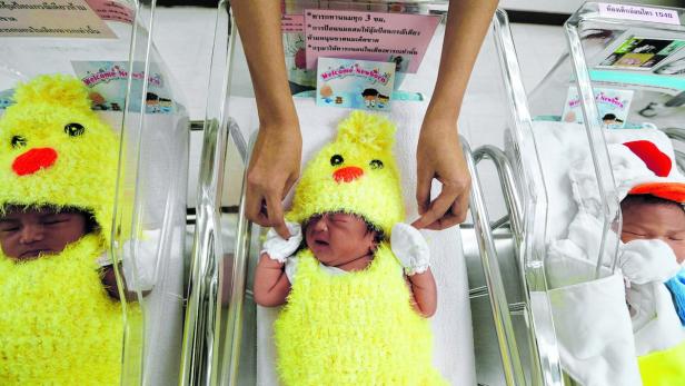 In Bangkok wird das Jahr des Hahns auf einer Geburtenstation passend gefeiert