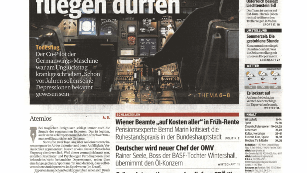 Schlagzeile vom 28.03.2015Er hätte niemals fliegen dürfenKurier