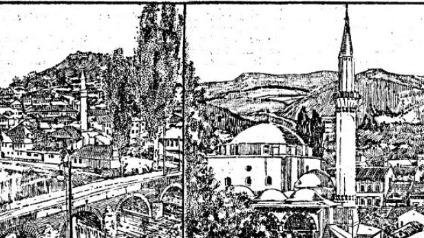 „Ein Stadtbild aus Sarajevo“ und die 1530/31 errichtete Begova-Moschee (re.): Bis heute die größte in Bosnien und Herzegowina (aus dem Neuigkeits-Welt-Blatt, 1.7.1914)