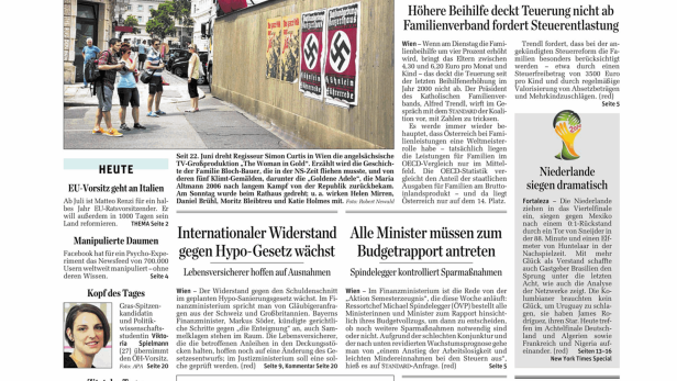 Schlagzeile vom 30.06.2014Kein Spitzenplatz für Österreich bei FamilienleistungenDer Standard