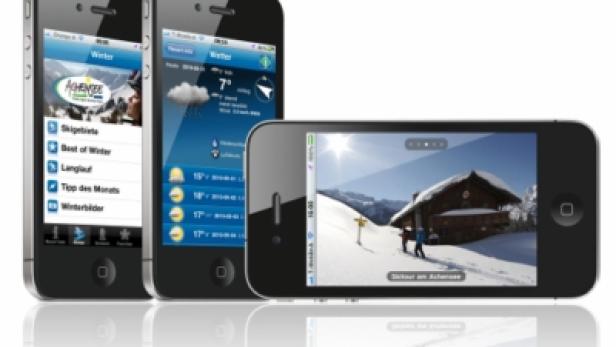 Drei iPhones zeigen eine Wetter-App und eine Skitour am Achensee.