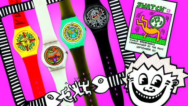 Swatch-Art-Special-Modelle des 1990 verstorbenen US-Graffiti-Künstlers Keith Haring: Sie kommen mit einem sehr seltenen Poster unter den Hammer