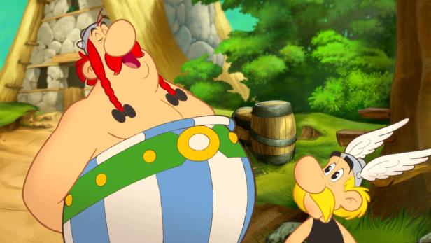 Obelix steht neben Asterix in einer Szene aus einem Comic.