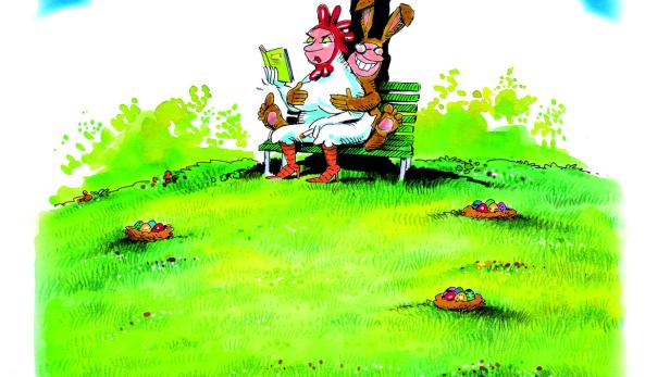 Eine Henne und ein Hase sitzen auf einer Bank unter einem Baum und lesen ein Buch.