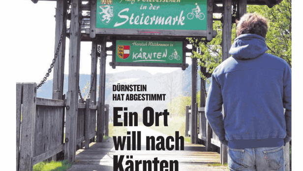 Ein Schild mit der Aufschrift „Auf Wiedersehen in der Steiermark“ und „Herzlich Willkommen in Kärnten“.