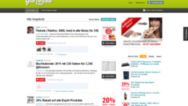 Die Startseite der Webseite Sparfreunde.com mit verschiedenen Angeboten.