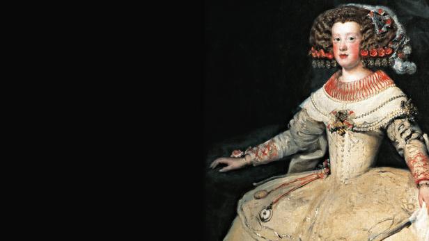Ein Porträt von Maria Anna von Österreich, Königin von Spanien, in einem reich verzierten Kleid.