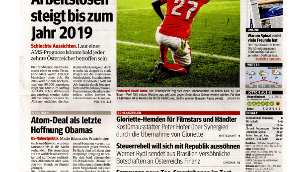 Schlagzeile vom 02.04.2015Zahl der Arbeitslosen steigt bis zum Jahr 2019Kurier