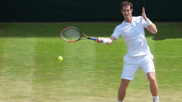 Andy Murray schlägt einen Tennisball auf einem Rasenplatz.