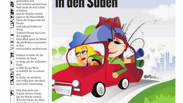 Eine Karikatur zeigt ein Paar, das mit einem roten Auto in den Urlaub fährt.