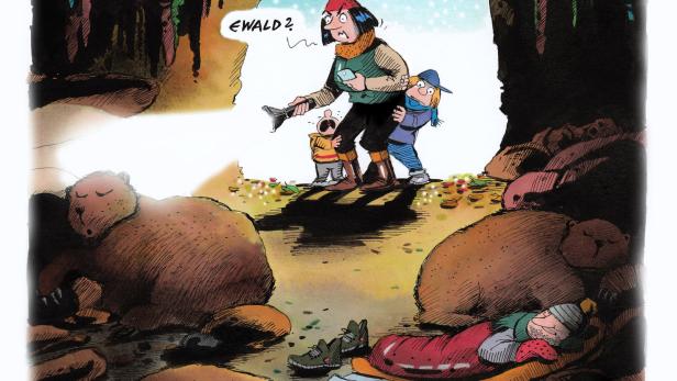 Eine Familie verirrt sich in einer Bärenhöhle, in der Bären schlafen.