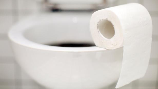 Eine Rolle Toilettenpapier liegt auf dem Rand einer Toilette.