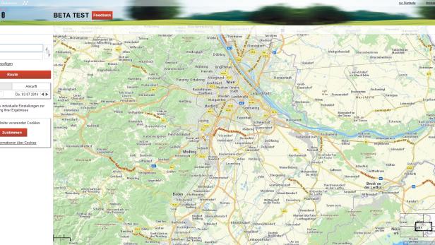 Eine Karte der Region um Wien mit Straßen, Ortschaften und der Routenplaner-Oberfläche von VAO.