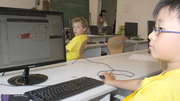 In einem Computerraum arbeiten zwei Jungen an Computern.