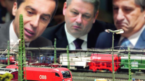 Wo ist die Milliarde? Minister Andrä Rupprechter (Mitte) will optimieren, sein Parteichef Spindelegger (rechts) schaut skeptisch. ÖBB-Boss Christian Kern (links) fordert eine &quot;offene Diskussion&quot;.