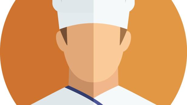 Ein stilisierter Koch mit Kochmütze vor einem orangefarbenen Hintergrund.