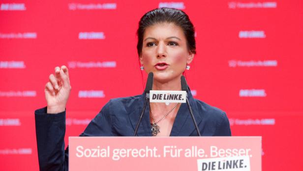 Sahra Wagenknecht spricht auf einer Veranstaltung der Partei „Die Linke“.