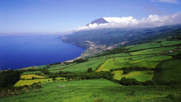 Blick auf grüne Hügel und das Meer mit einem Berg im Hintergrund.