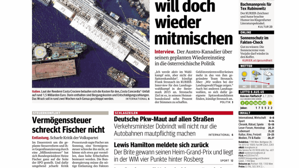 Titelseite des Kurier vom 7. Juli 2014 mit Artikeln zu Costa Concordia und Frank Stronach.